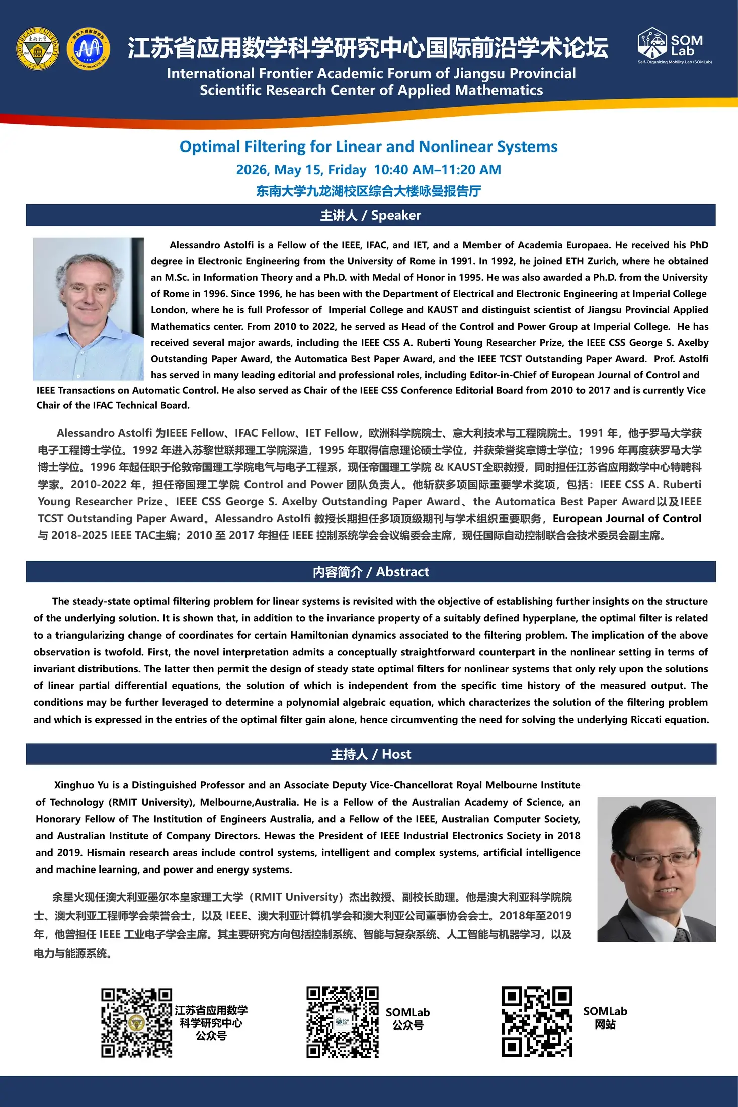 Prof. Alessandro Astolfi: Optimal Filtering for Linear and Nonlinear Systems
